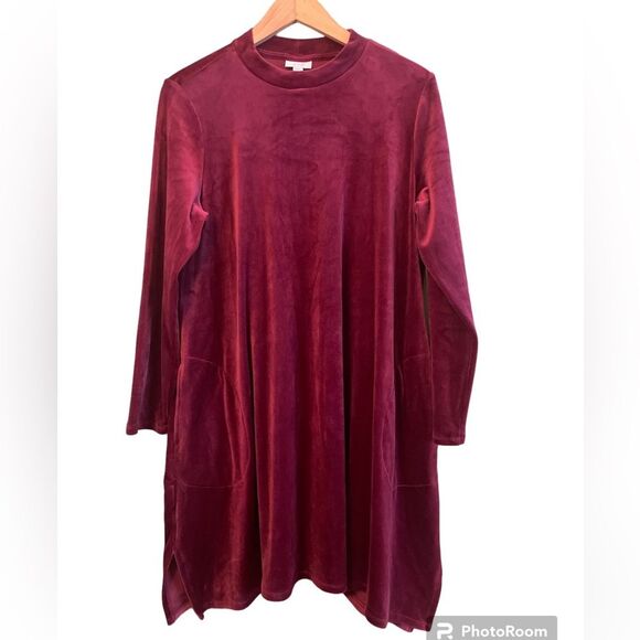 J. Jill Burgundy Mock Turtleneck Long Sleeve Pockets Velour Velvet Dress Sz L - Picture 2 of 8